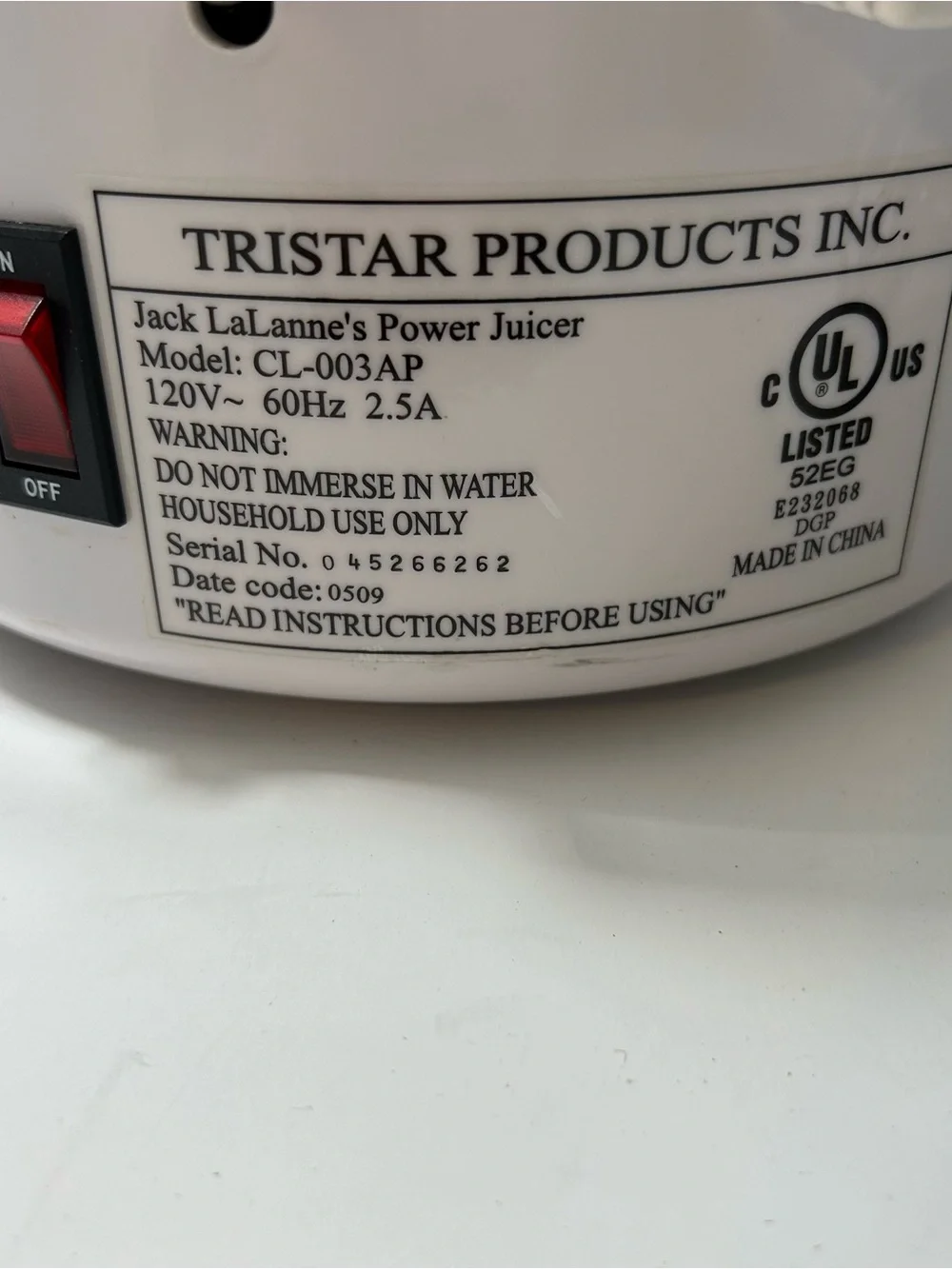Jack LaLanne's Power Juicer Model CL-003AP Original Classic Juice Pulp Extractor
